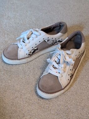 Crown Vintage White and Taupe Suede & Snake-Print Sneakers